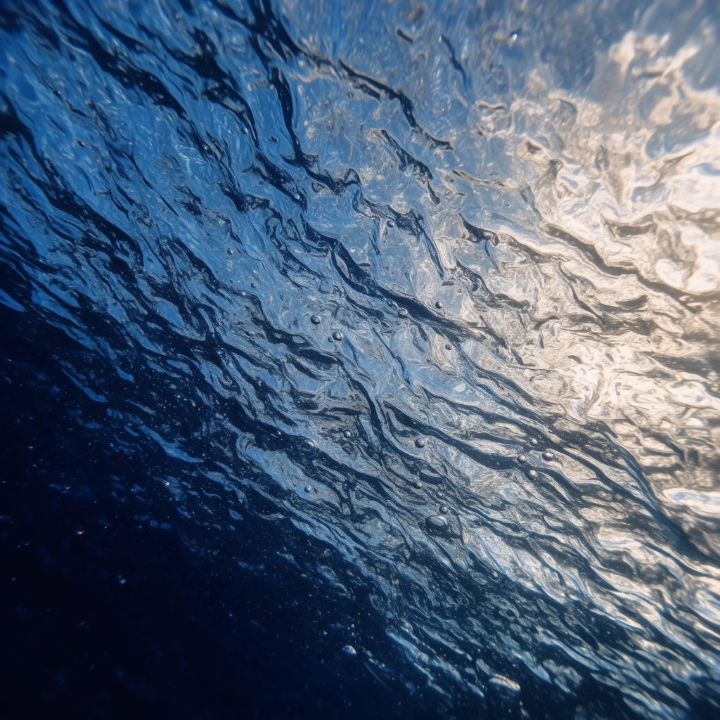 underwater macro photography looking up at a turbulent water surface, intricate chaotic ripples and sharp liquid ridges, tiny scattered air bubbles, dramatic diagonal lighting gradient, deep dark navy blue in the bottom left transitioning to luminous silvery white and azure blue in the upper right, backlit illumination, organic highly textured glass effect, sharp focus on fluid dynamics