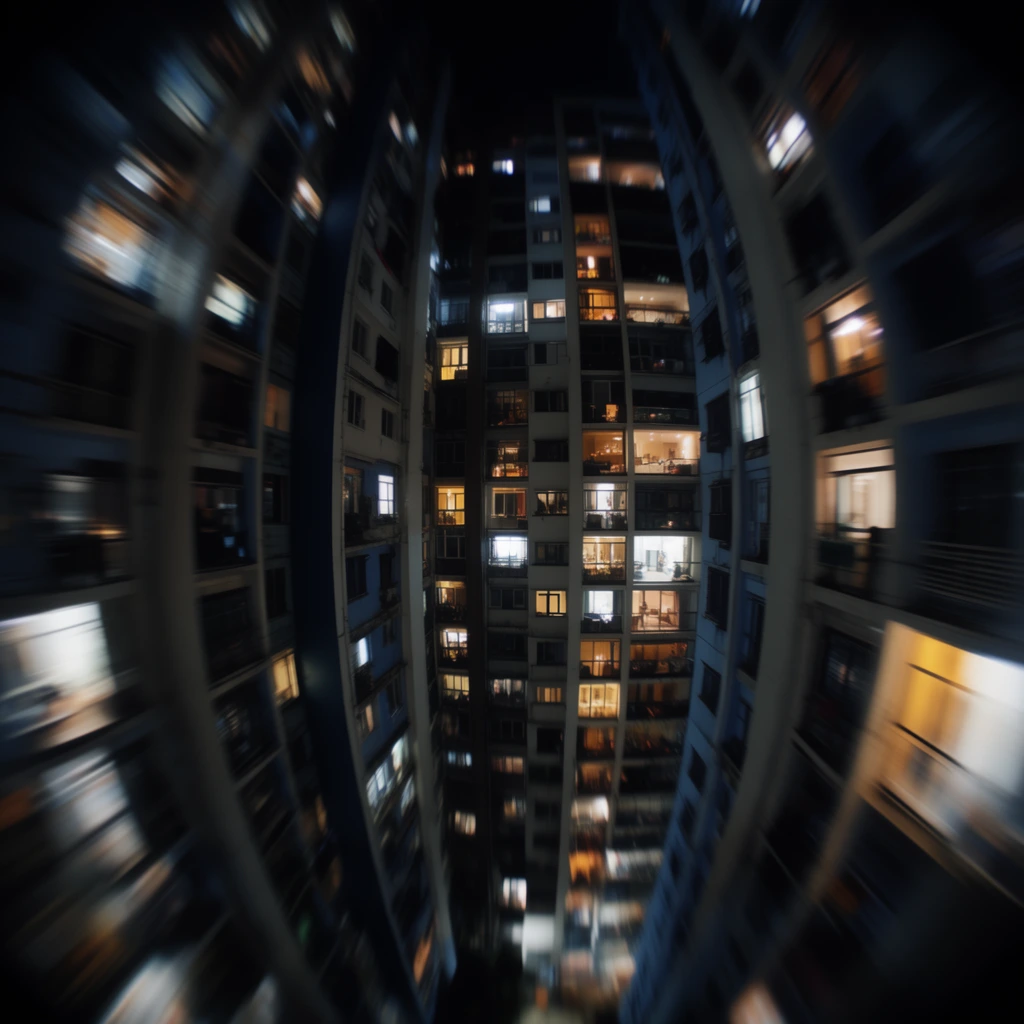 Tall apartment buildings featuring numerous illuminated windows revealing various internal scenes, captured at night through an extreme fisheye lens with intense radial blur. The towering architectural facades frame a deep central vanishing point, their vertical lines severely bowed and warped into steep arcs by extreme barrel distortion. Numerous individual windows puncture the dark exterior surfaces, glowing with distinct interior scenes of living spaces and warmly lit rooms near the center of the frame. The nighttime lighting establishes stark contrast, pitting deep black surroundings and cool blue architectural shadows against the vibrant amber, yellow, and stark white glows of the apartment interiors. A heavy, aggressive radial motion blur sweeps across the peripheral edges of the composition, smearing the outer windows and building extremities into long, abstract, circular streaks of stretched light and shadow that radiate outward from the sharply focused center.