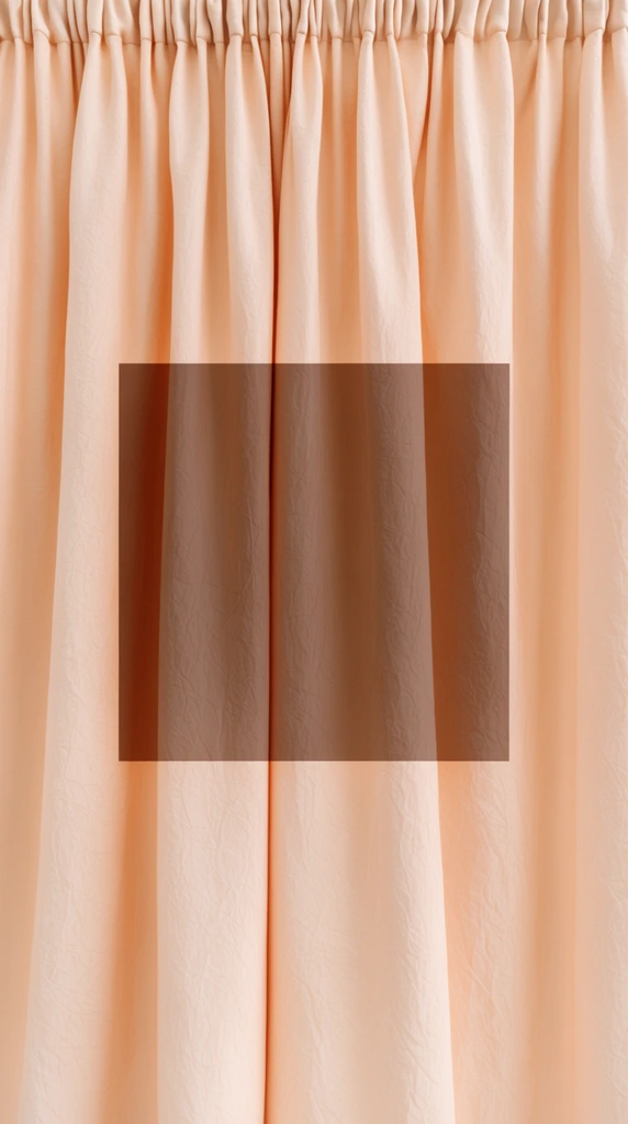 softly draped light peach curtain, tightly gathered top hem, deep vertical flowing folds, subtle crinkled textile texture, centered semi-transparent dark brown square overlay, fabric creases visible through the geometric tint, gentle ambient lighting, smooth shadows, minimalist abstract composition, warm pastel tones