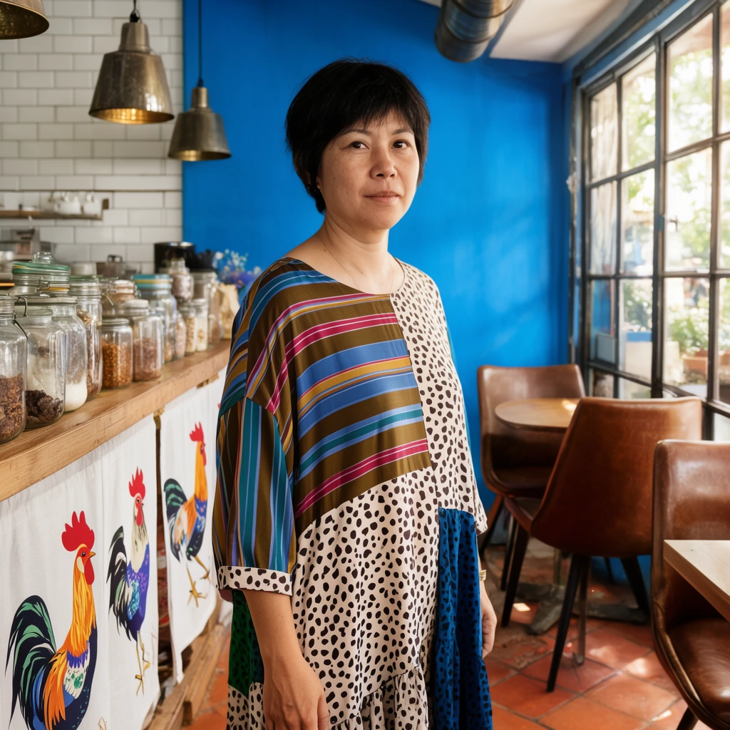 woman with short dark hair in an eclectic cafe, wearing a loose color-blocked dress with stripes and spotted patterns, vibrant blue wall behind her, white subway tile kitchen area to the left, wooden counter lined with glass jars, counter curtain featuring a stylized rooster illustration, large pane windows to the right letting in bright sunlight, brown leather chairs, hanging metallic pendant lamps, terracotta tile floor, environmental portrait, sharp focus, vivid colors