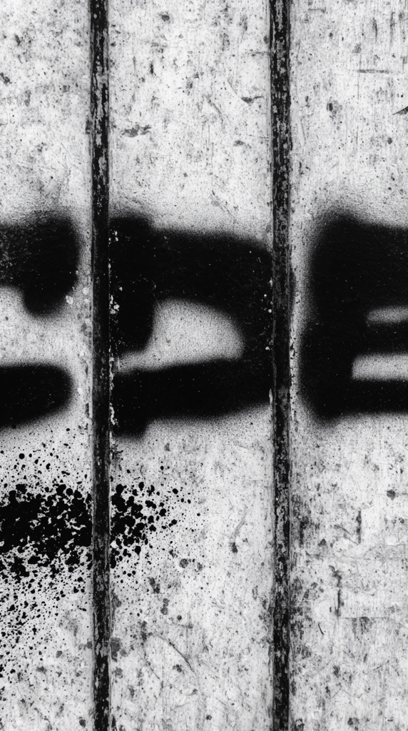 A stark, high-contrast monochrome close-up of a heavily weathered industrial surface divided into three vertical panels by dark, distressed seams. The background resembles scratched and pitted concrete covered in a chaotic, gritty texture of tiny speckles, gouges, and rough abrasions. Dominating the center are bold, black stenciled spray paint forms stretching horizontally with soft, diffused edges characteristic of aerosol overspray. Smaller clusters of coarse black splatters and dense spotting pool in the lower left quadrant. Flat, diffuse lighting emphasizes the macro details of the porous, distressed urban material, creating an intense, rough, and abstract street art aesthetic.