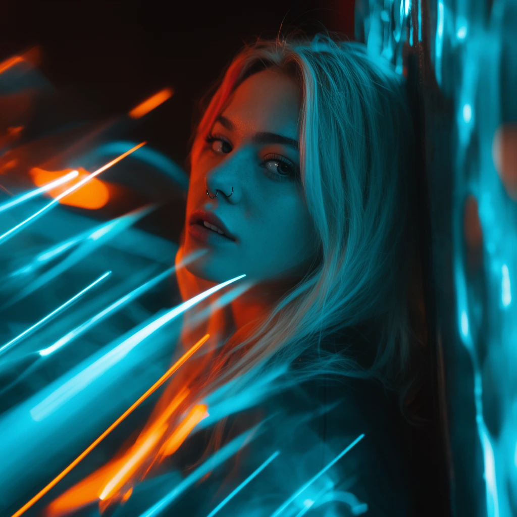 A young blonde woman with a nose ring looks over her shoulder, her face illuminated by intense neon cyan and orange lights. Bright, sharp streaks of cyan and orange light heavily overlay the foreground, creating a cinematic light-painting effect. She leans against a dark, undefined surface. Shot with a shallow depth of field, the moody portrait features vivid color contrast and a futuristic aesthetic.