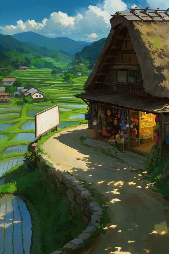 A rustic wooden shop with a thatched roof sits on a sunlit hillside overlooking a valley of vibrant green terraced fields. The open storefront displays colorful hanging goods beside a luminous interior, accessed by a curved dirt road dappled with sharp tree shadows and bordered by a low stone wall. A large rectangular white board stands near the path's edge. Below, flooded rice paddies and scattered rural houses stretch toward rolling blue mountains under an azure sky with fluffy cumulus clouds. The digital painting features expressive brushstrokes, rich atmospheric perspective, and high-contrast lighting evocative of pastoral animation background art.