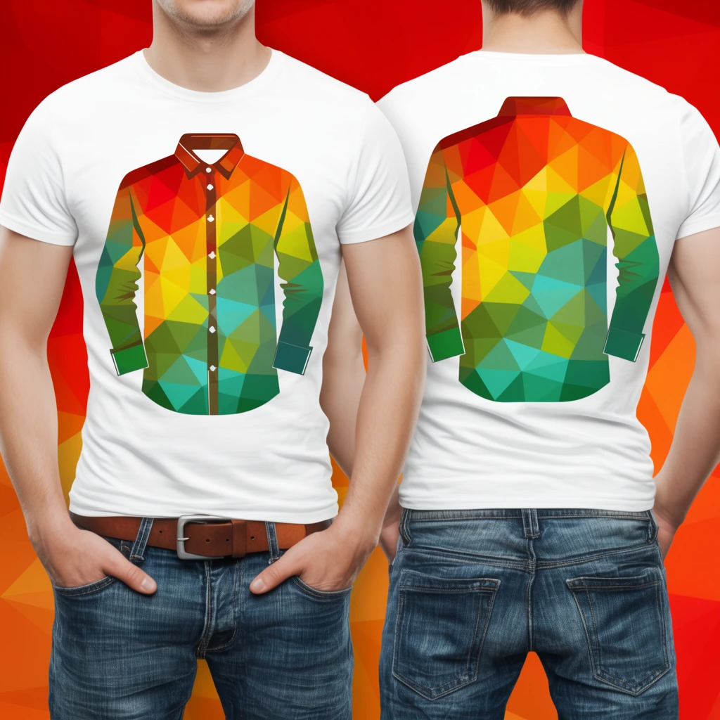 front and back views of a male figure wearing a white t-shirt and blue jeans, colorful geometric mosaic shirt graphic, hands in pockets, brown belt, red and orange polygonal background, apparel mockup