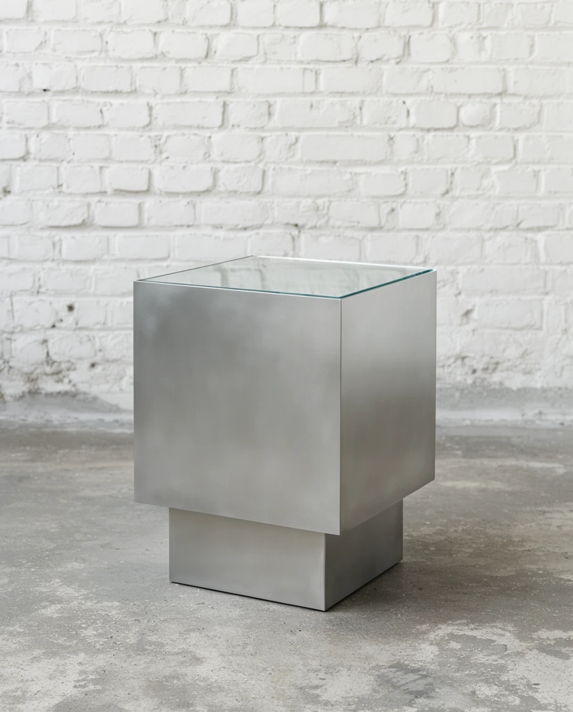 minimalist brushed steel side table with a flush glass top, large cubic upper section resting on a smaller square base, mottled gray concrete floor, textured white painted brick wall background, soft diffused daylight, subtle gradients on flat metal planes, contemporary industrial furniture design, straight-on product photography