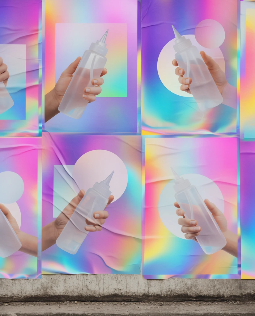 Wrinkled wheatpaste posters line a textured concrete wall, displaying a continuous iridescent holographic gradient of neon pink, purple, cyan, and yellow. The printed artwork features disembodied hands interacting with clear cylindrical squeeze bottles with pointed nozzles, framed by floating pale circles and rectangles. The posters overlap slightly, creating vertical seams and deep diagonal paper creases that distort the vibrant glossy gradient designs, anchored by a rough ground ledge at the bottom.