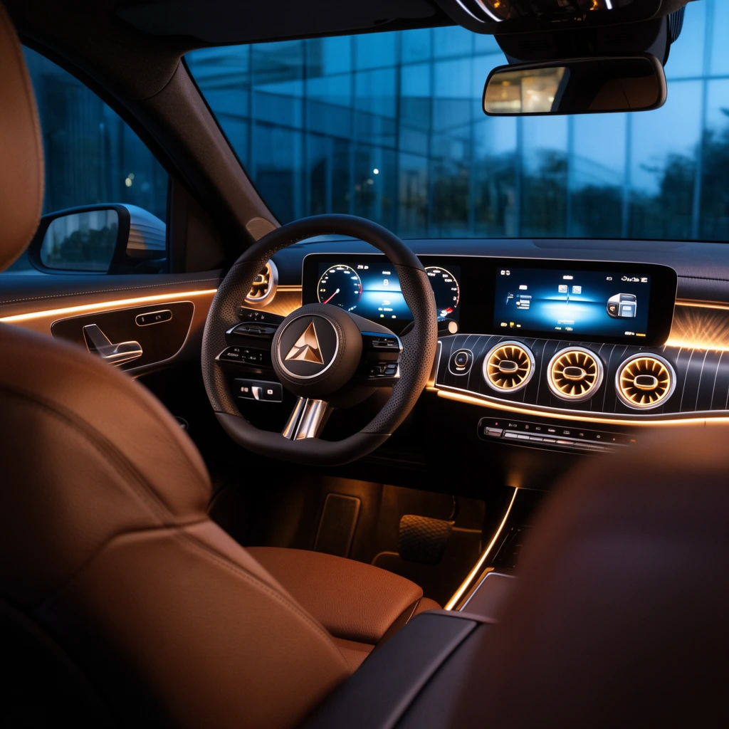 A luxurious modern car interior is illuminated by warm ambient lighting at dusk. The cabin features a perforated leather steering wheel with a polished geometric emblem, glowing dual digital displays, and illuminated circular air vents set into a striped dashboard. Rich brown and black leather upholstery covers the heavily blurred foreground seats. Shot from a rear passenger perspective, the cinematic automotive photography contrasts the elegant, high-tech interior with the cool blue glass facade of a modern building visible outside.
