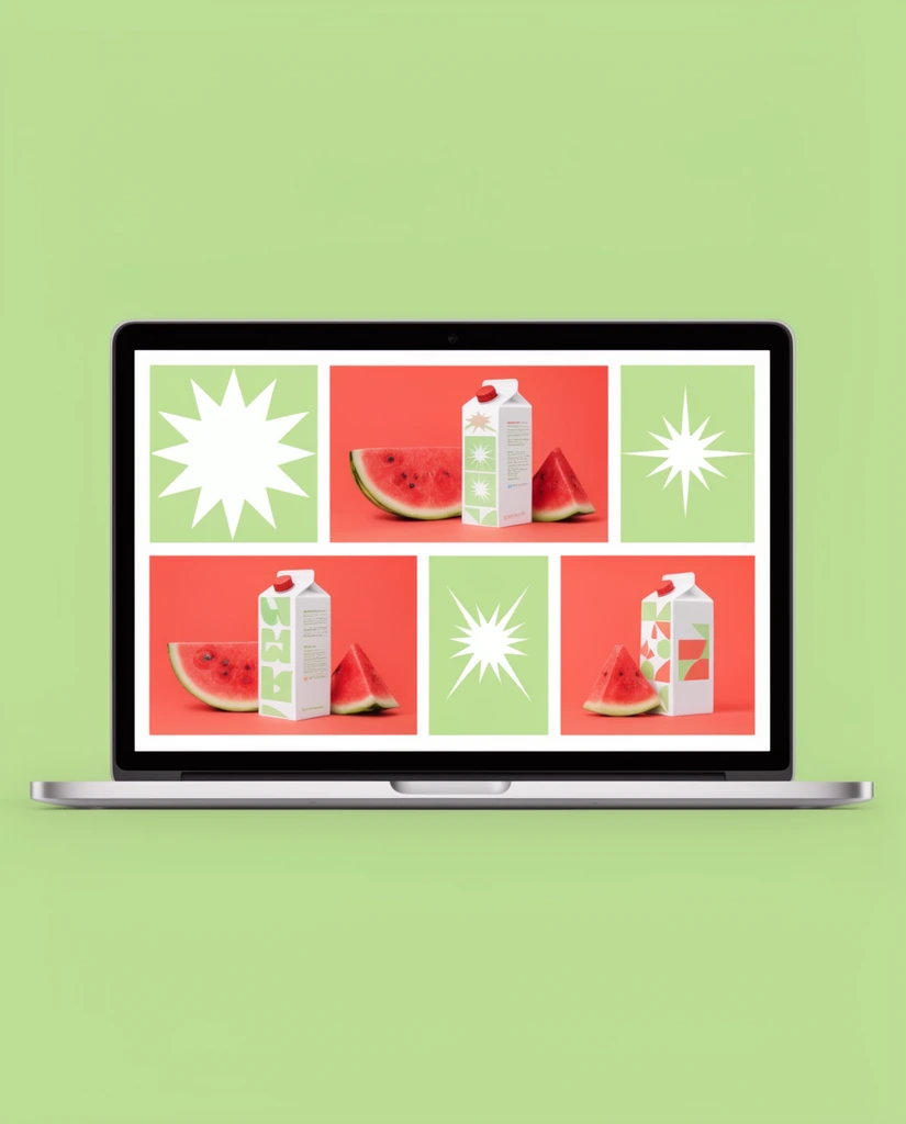 silver laptop displaying vibrant digital layout of rectangular banners, solid pale green background, bold coral red white and light green color palette on screen, graphics featuring cut watermelon slices and white beverage cartons, geometric squares and starbursts, clean modern product mockup, flat studio lighting