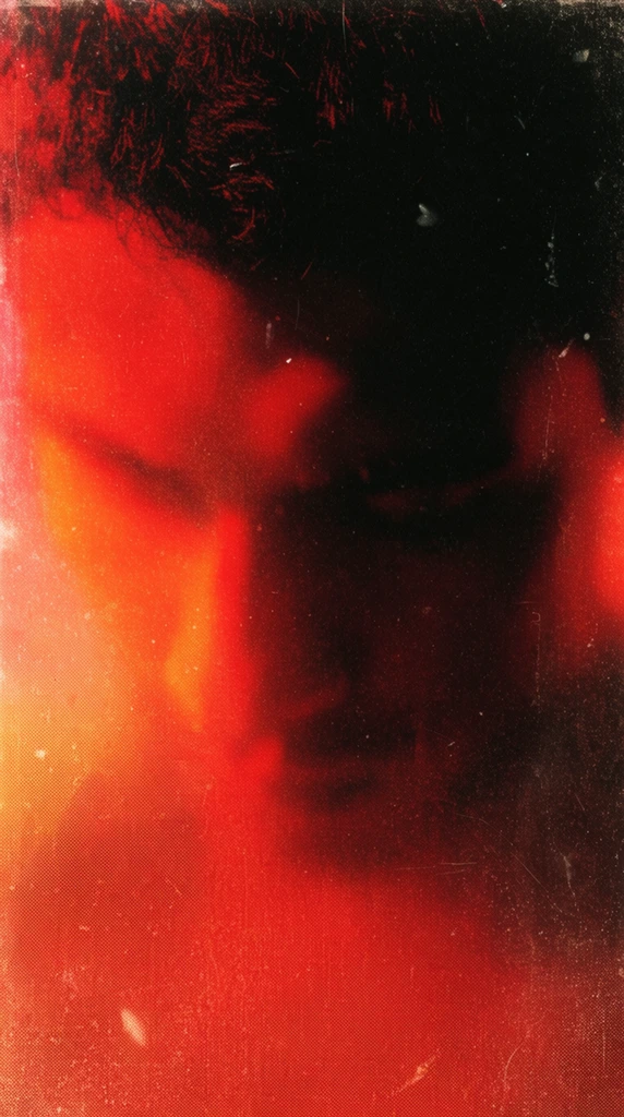 A heavily obscured, close-up portrait of a person's face looking downward, engulfed in intense crimson and deep black shadows. The harsh, atmospheric lighting creates a fiery, diffused glow on the left side of the face, contrasting sharply with the pitch-black void consuming the right side and top edge, where dark, textured hair is barely visible. The composition is heavily distressed and textured, featuring prominent film grain, scattered white dust particles, subtle surface scratches, and a retro halftone dot pattern woven into the vibrant red color gradients. The aesthetic is highly saturated, grungy, and cinematic, resembling a damaged, high-contrast analog photograph with severe light leaks and experimental exposure.