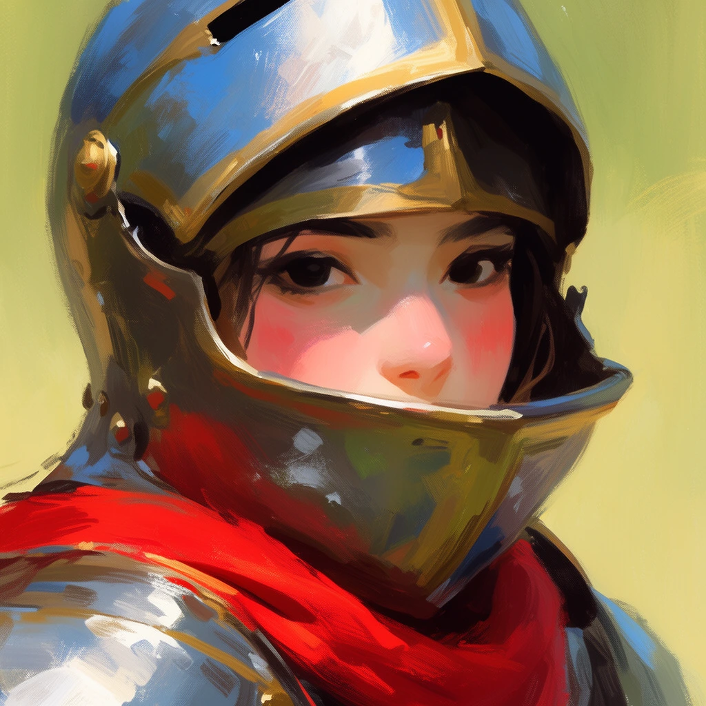 A painterly digital portrait of a young woman in medieval armor. Her dark eyes and rosy cheeks peer from the open visor of a blue and gold metallic helmet. A vibrant red scarf rests on her silver shoulder plates. Rendered with thick, expressive brushstrokes against a soft yellowish-green background.