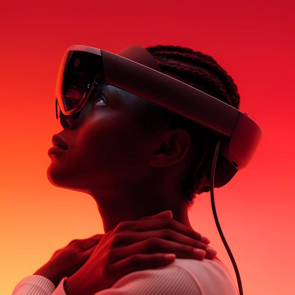 profile of a person looking up wearing a high-tech augmented reality headset, dark skin, braided hair, arms wrapped around shoulders, white ribbed top, sleek headset with dark curved glass and trailing cable, vibrant red and orange gel lighting, gradient studio background, cinematic futuristic portrait