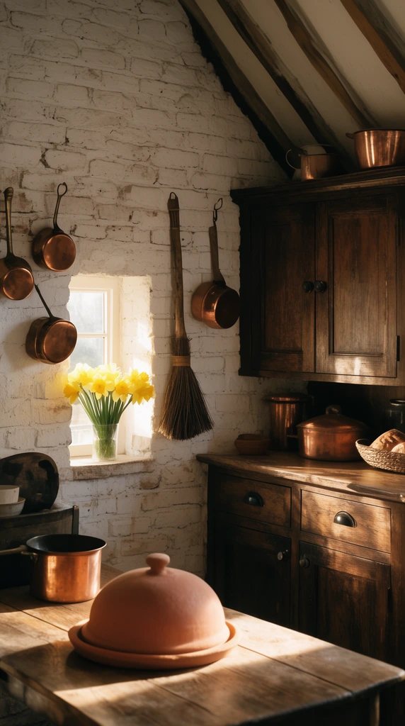 A rustic cottage kitchen illuminated by warm sunlight streaming through a small window holding yellow daffodils. Copper pots hang against a white painted brick wall near a wooden broom. Dark wooden cabinets follow a sloped ceiling, and a terracotta cloche rests on a foreground wooden table amid rich, inviting shadows.