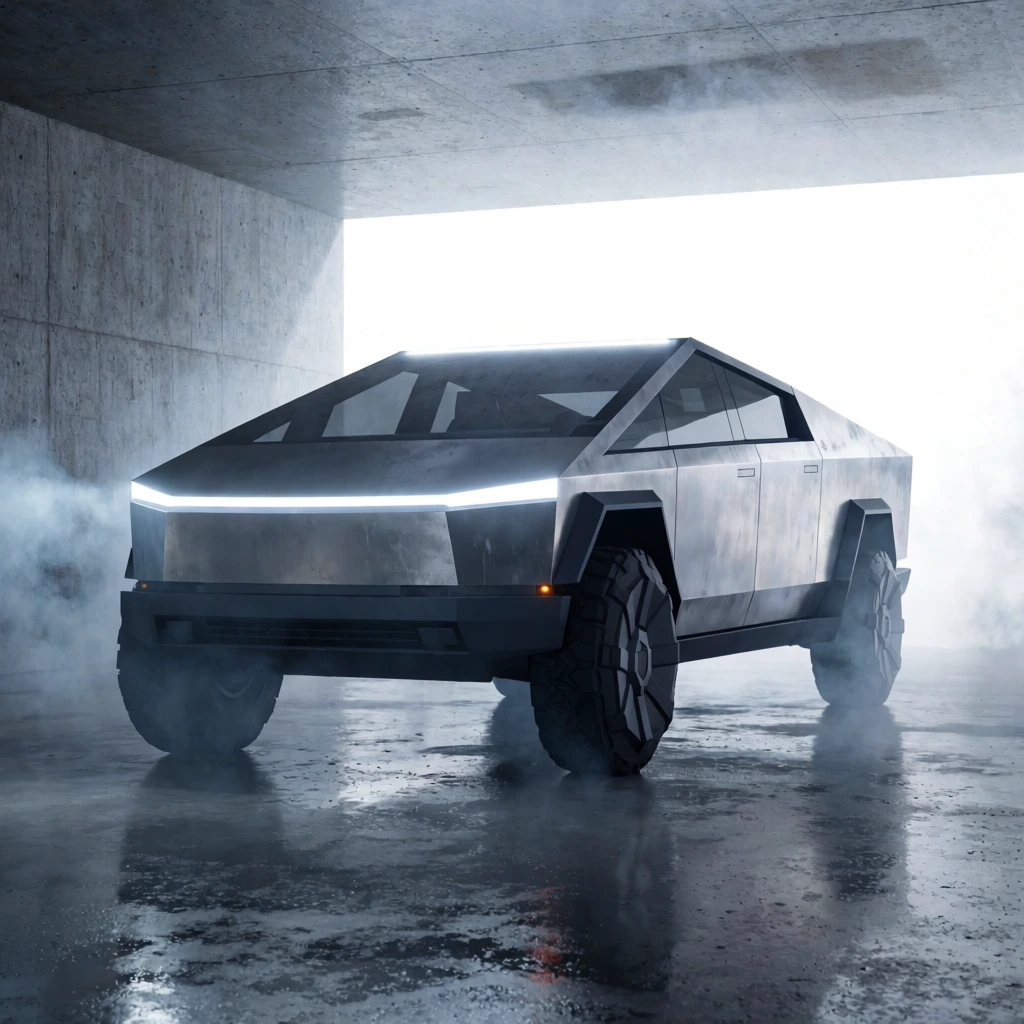 futuristic polygonal pickup truck, sharp geometric metal body, linear LED headlight, large rugged tires, brutalist design, stark concrete tunnel, bright white backlighting, hazy atmosphere, wet polished floor with reflections, low angle perspective, sleek architectural photography