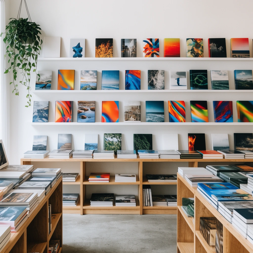 A bright minimalist bookstore interior centered on a white wall of floating shelves displaying vibrant outward-facing art books with photographic and abstract covers. Low natural-wood shelving units and foreground display tables hold neatly stacked volumes. A trailing green hanging plant accents the left corner, contrasting the smooth gray concrete floor and clean, even lighting.