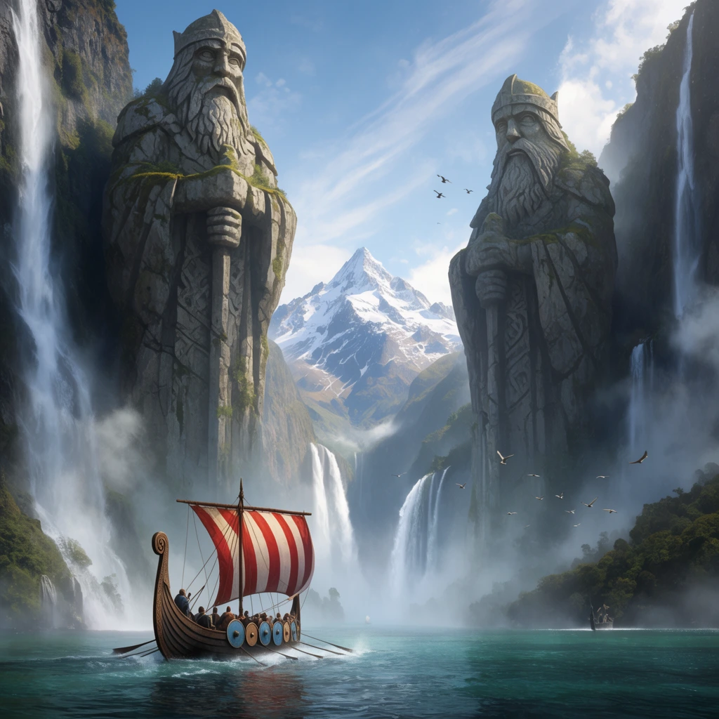 viking longship with red and white striped sail navigating a monumental fjord, flanked by colossal stone guardian statues carved into sheer cliffs, multiple waterfalls cascading into misty teal water, distant snow-capped mountain peak, blue sky with wispy clouds, flying birds, epic fantasy concept art, cinematic lighting, grand scale, atmospheric mist