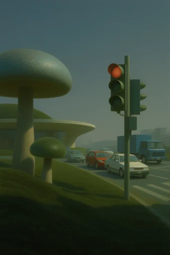 Surreal Pastoral Liminality style reference image — sharp architectural shadows