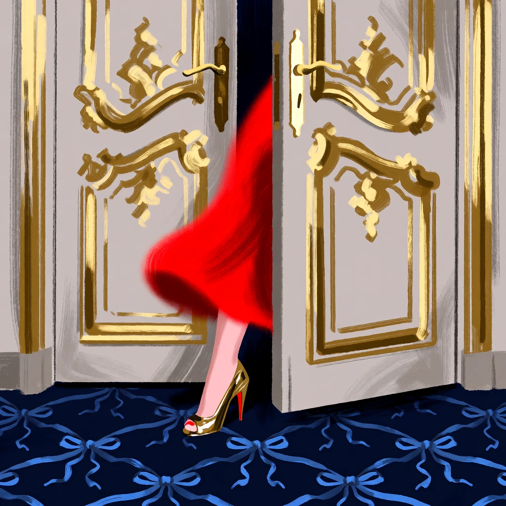 A person in a vibrant red dress and metallic gold heels steps through slightly open, ornate double doors onto a patterned navy blue carpet. A single leg, wearing a strappy gold high-heeled shoe with a small red detail at the open toe, emerges from the gap between the doors. Flowing from behind the door is a mass of bright red fabric, rendered with a soft, blurred texture that suggests the swift motion of a skirt. The double doors are a pale grey, adorned with raised, symmetrical gold molding in classic decorative flourishes and matching gold door handles. The floor consists of a deep navy blue carpet decorated with a repeating pattern of light blue ribbons tied into bows. The image is a digital illustration with a painterly style, featuring visible, expressive brushstrokes on the wall, door panels, and carpet. The composition is centered and captured from a straight-on perspective, focusing on the lower half of the doorway to emphasize the action of entering or exiting. The color palette is defined by the sharp contrast of the metallic gold and bold red against the dark navy and neutral grey surroundings.