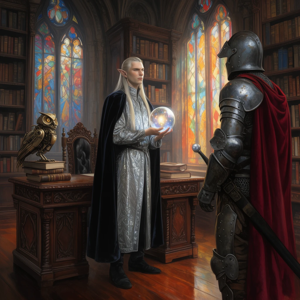 A tall elven lord in a shimmering silver tunic and dark velvet cloak stands behind a carved oak desk in a dimly lit gothic library, holding a glowing crystal orb. The scene is framed over the shoulder of a knight in battle-worn steel armor and a crimson cape standing in the foreground. Beside the desk, a brass mechanical owl perches on stacked leather grimoires. Towering wooden bookshelves and vibrant light filtering through tall stained glass windows reflect off the polished mahogany floor, rendered in a detailed illustration style with warm atmospheric lighting.
