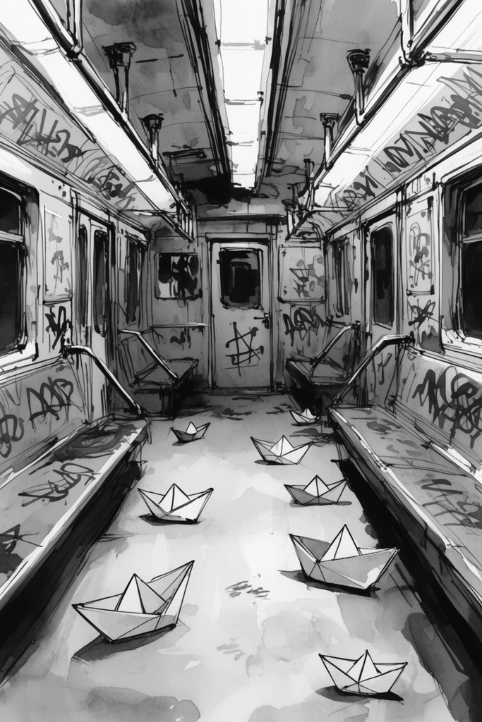 monochrome ink and wash sketch of an empty subway car, perspective down the central aisle, scattered origami paper boats on the floor, vandalized surfaces with abstract graffiti, rough expressive linework, grayscale watercolor shading, overhead handrails, closed doors at the far end, gritty urban atmosphere, surreal juxtaposition, high contrast