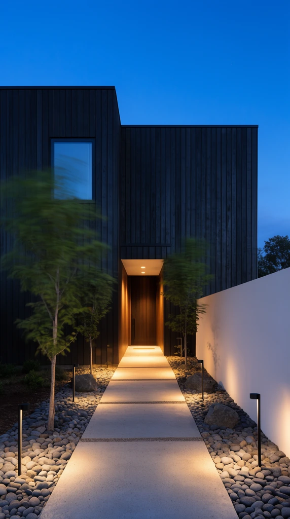 modern dark vertical siding house at twilight, deep blue sky, warm glowing recessed entryway, illuminated concrete walkway, small trees with wind blur, low landscape lighting on river rocks, white wall, minimalist residential architecture