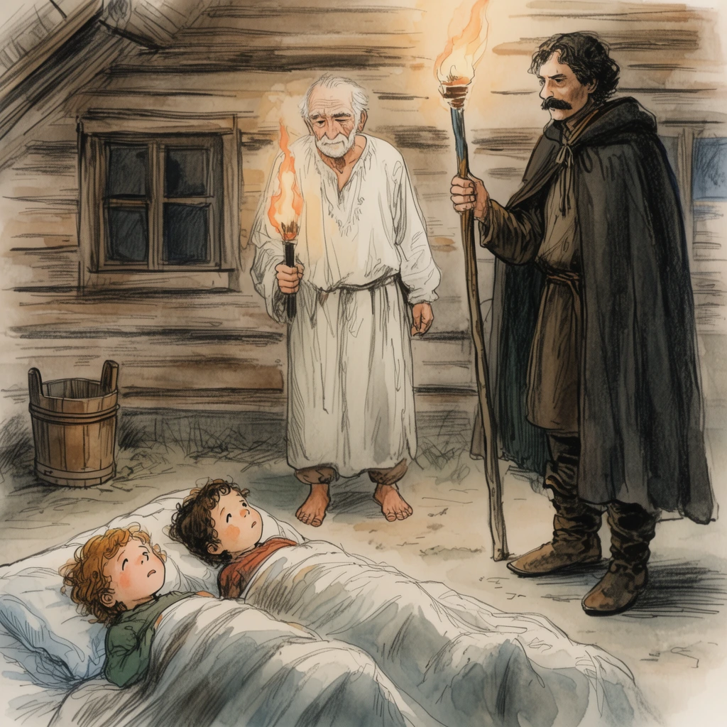 watercolor and colored pencil illustration, two children lying awake under a blanket looking up, elderly barefoot man in a loose white tunic holding a glowing torch, mustached man in a dark cloak and boots holding a staff, wooden cabin background, wooden bucket, sketch-like linework, muted earth tones, warm lighting