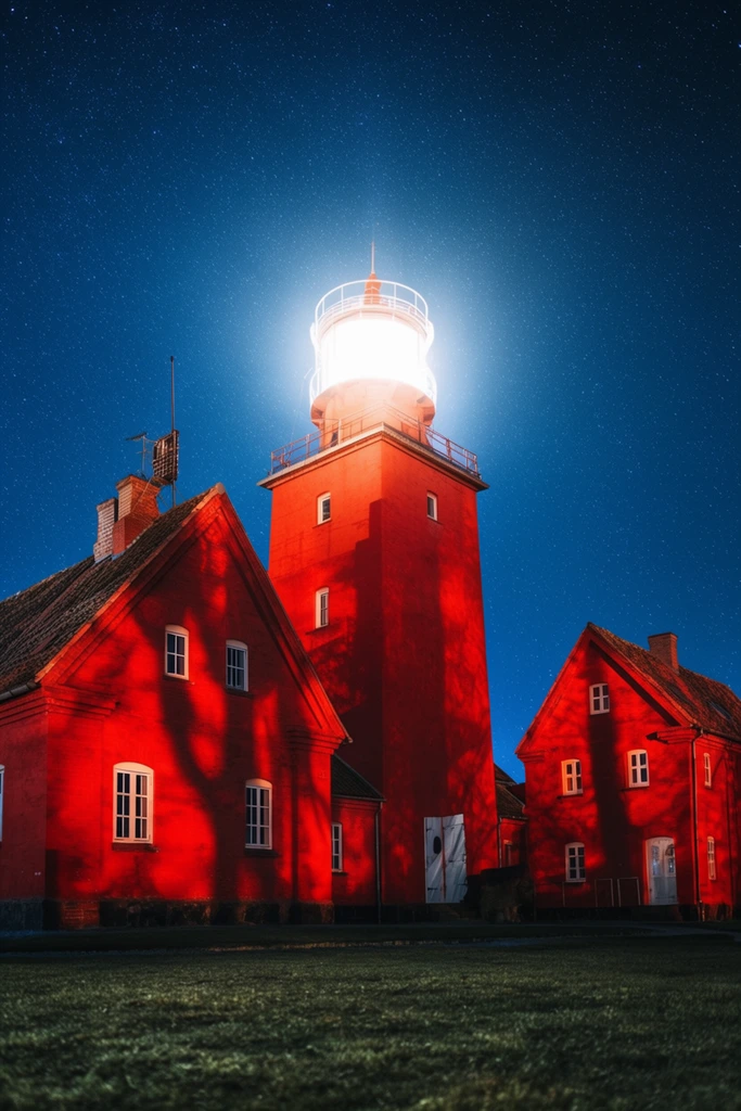 illuminated red lighthouse complex at night, bright lantern tower, gabled red brick buildings with dramatic shadows, deep blue starry sky, long exposure astrophotography, high contrast