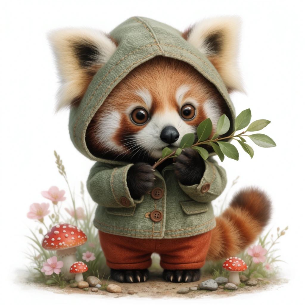 An anthropomorphic baby red panda stands on a sparse patch of earth against a pure white background in a highly detailed, whimsical illustration. The creature wears a sage-green canvas hooded jacket featuring rustic brown buttons and visible stitching, paired with rust-orange trousers. Large fluffy ears poke through the hood above enormous, glossy brown eyes and dark facial markings. Small dark paws gently hold a leafy green twig close to its face, while a bushy, ringed tail curls at its side. The ground beneath is decorated with miniature red-and-white speckled toadstools, delicate pastel pink flowers, scattered pebbles, and wisps of green grass. Soft, diffused lighting enhances the hyper-textured fur and woven fabrics, utilizing a cozy, earthy color palette.