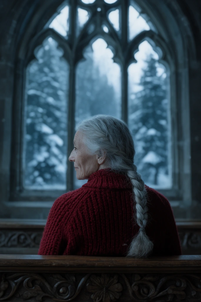 elderly woman viewed from behind turning head left in profile, long silver braided hair, chunky crimson knit sweater, sitting on a carved wooden bench, large arched gothic window in background, blurry snowy pine forest outside, cinematic wide shot, cool ambient lighting, shallow depth of field