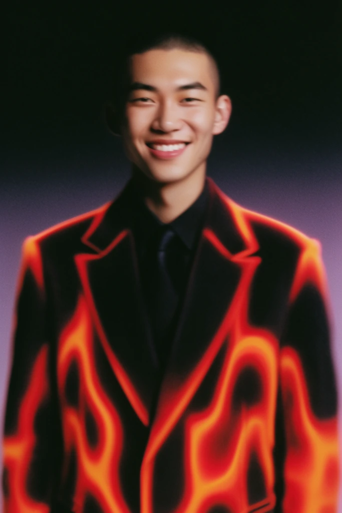 Smiling young Asian man with a buzz cut, dark suit with glowing neon orange and red thermal wave patterns, brightly illuminated face, dark background fading to muted purple gradient, soft focus, visible film grain, futuristic fashion portrait
