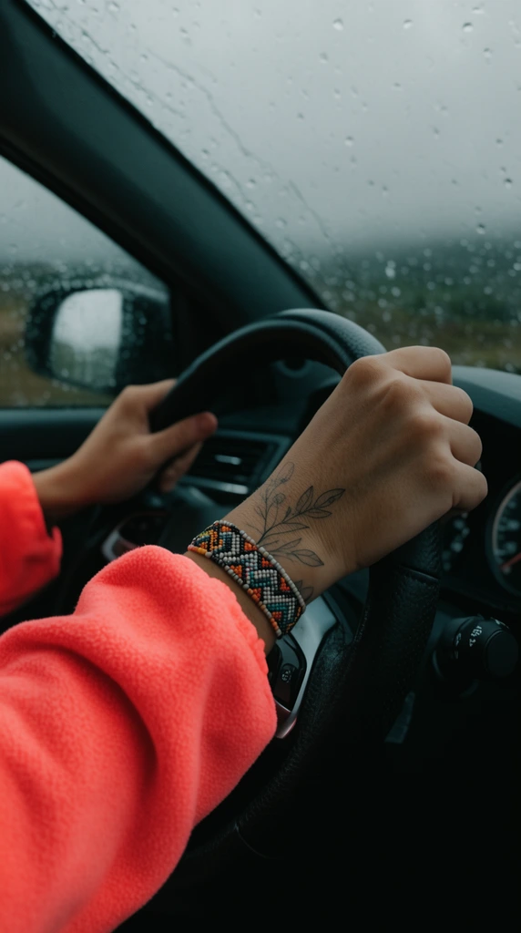 hands gripping black leather steering wheel from first-person view, bright coral fleece sleeves, geometric beaded bracelet, fine-line botanical forearm tattoo, dark dashboard, rain-streaked window, dreary overcast landscape, moody natural lighting