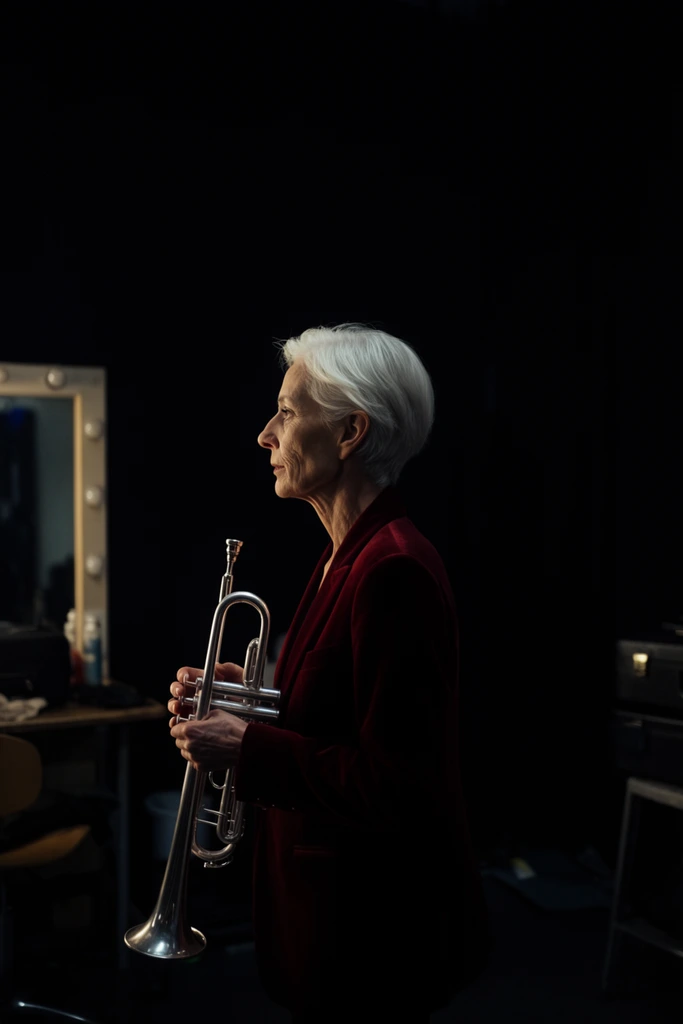 A slender older woman with short white hair holds a gleaming silver trumpet in profile, wearing a deep crimson velvet blazer. She stands in a dimly lit backstage dressing room engulfed in deep shadows. A faint light source catches the metallic curves of the trumpet and the edge of a vanity mirror in the background. Cinematic low-key lighting creates a dramatic atmosphere with heavy contrast, emphasizing the solitary figure against a vast, void-like black backdrop. Shot with a wide aperture to isolate the subject.