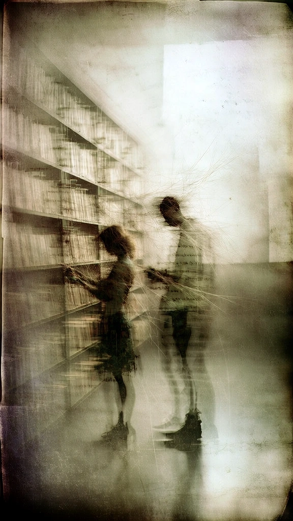 aged parchment texture, heavy film grain, light scratches, desaturated sepia and cream palette, soft diffused hazy lighting, ethereal dreamlike atmosphere, impressionistic composition, a man and woman browsing tall wooden bookshelves in a vintage bookstore, soft focus silhouettes, shallow depth of field, faded borders, light leaks, subtle manuscript overlays, nostalgic mood, cinematic blur, antique paper aesthetic.