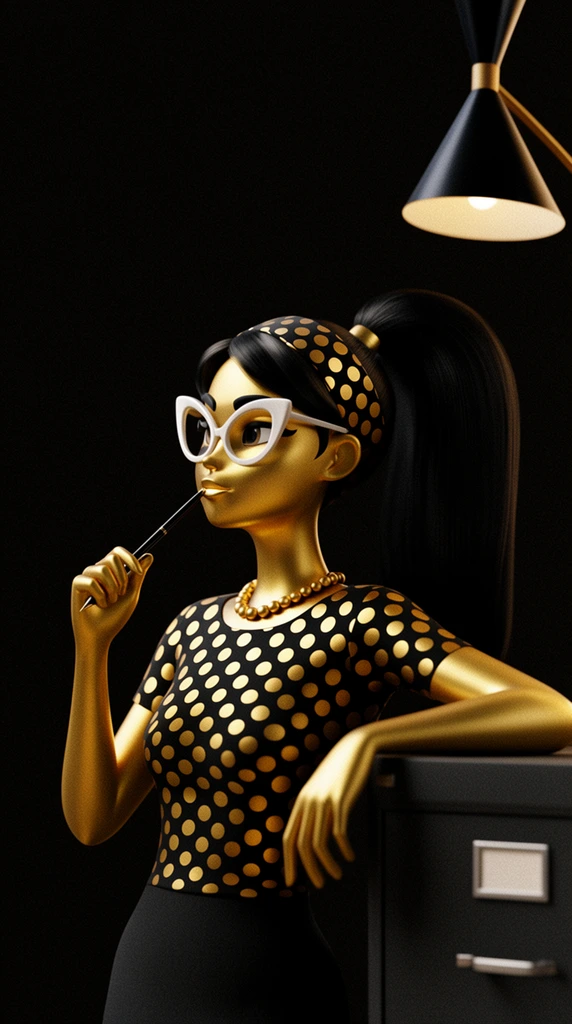 A stylized 3D rendered woman with metallic gold skin and a high black ponytail strikes a thoughtful pose against a pitch-black background. She wears oversized white-rimmed cat-eye glasses, a beaded necklace, and a black top with gold polka dots matching her headband. Gazing left, she gently presses a slender black pen to her lips while leaning against a dark gray filing cabinet. A mid-century modern black cone lamp illuminates the scene from the upper right. The composition utilizes a striking black and gold palette, dramatic chiaroscuro side-lighting highlighting the smooth metallic textures, and a subtle cinematic film grain.
