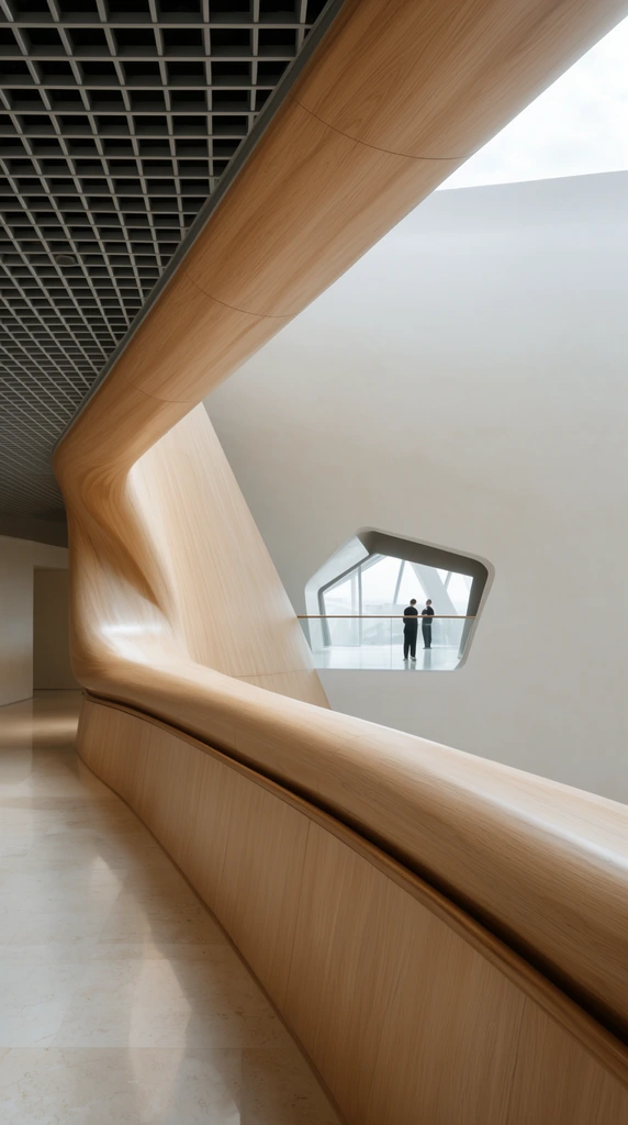 sweeping modern architectural interior, organic curved light wood paneling flowing seamlessly into a sleek handrail, minimalist futuristic design, contrast between warm wood grain and expansive smooth off-white surfaces, dark gray square-grid ceiling structure on the left side, polished light-colored stone floor, small angular geometric window opening revealing two distant silhouetted figures standing behind a glass balustrade, bright diffused overcast natural daylight, soft shadows, pristine and serene atmosphere, high-end commercial architecture photography, deep depth of field