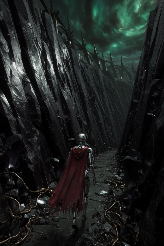 A lone robotic android in a tattered crimson cloak navigates a narrow trench bordered by towering walls of jagged obsidian glass. The silver figure walks away down a shadowed pathway littered with crystalline debris and metallic vines. The imposing walls angle inward, ascending to staggering heights where massive iron spires line the precipice. Above the steep corridor, the sky is a turbulent vortex of emerald and black. A cinematic wide-angle lens creates a dramatic vanishing point, emphasizing the oppressive scale and isolating dark sci-fi atmosphere. Intense lighting catches the rough, reflective textures of the dark glass against the eerie overhead glow.