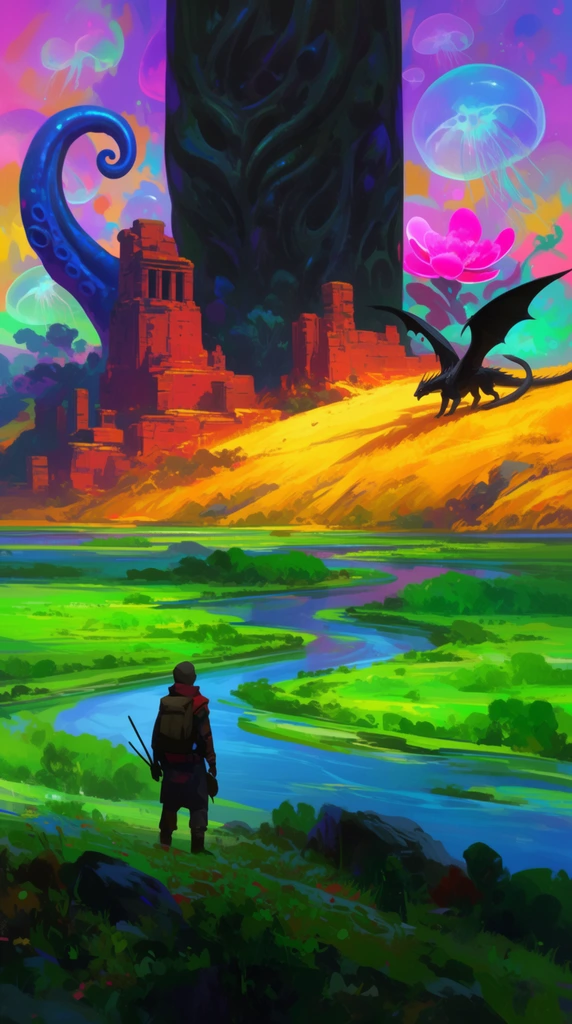 vibrant otherworldly landscape, lone adventurer overlooking a winding blue river, black winged dragon on a sunlit golden hill, ancient red stone ruins, massive dark organic monolith, giant curling blue tentacle, glowing pink flower, colorful sky with floating translucent jellyfish shapes, lush green wetlands, digital painting, highly saturated neon greens and deep purples, painterly brushstrokes, immense scale, wide framing
