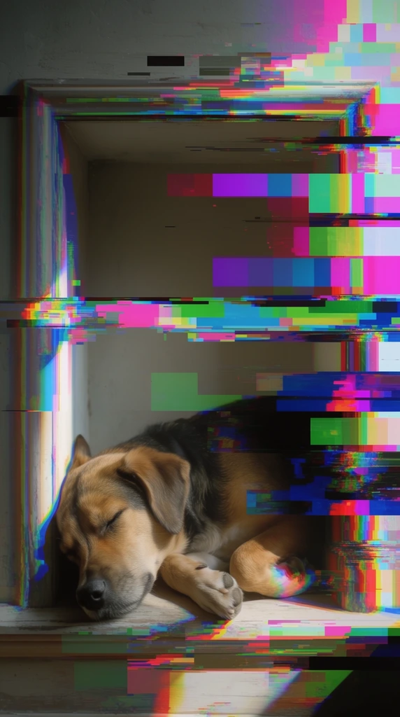 A single dog lies asleep inside a framed alcove with its head resting on the threshold and paws tucked inward, severely disrupted by aggressive digital glitch art and heavy databending effects. The photorealistic rendering of the resting dog and the architectural doorway is fractured by stark, horizontal bands of pixel sorting and large, rectangular digital artifacts. Hyper-vibrant blocks of pure magenta, cyan, lime green, and electric blue tear across the right side of the composition, cascading over the alcove's structure and partially obscuring the dog's form. Chromatic aberration bleeds intensely along the sharp structural lines of the doorway and the dog's silhouette, separating the light into distinct RGB channels. The crisp, cinematic lighting of the physical scene underneath creates a stark contrast with the artificial, glowing neon colors of the corrupt digital interference, merging tranquil realism with chaotic, high-contrast digital decay.