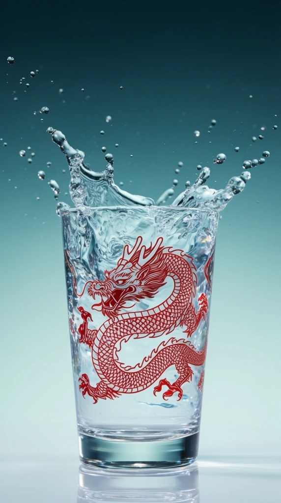 dynamic water splash erupting from a clear drinking glass, frozen mid-air droplets scattering outwards, exterior glass decorated with an intricate red twisting dragon illustration, thick transparent base, seamless gradient backdrop transitioning from deep teal to pale aqua, bright studio lighting, high-speed product photography, sharp focus on flying water beads, crisp glassy reflections, centered minimalist composition, striking cool-toned aesthetic with bold crimson accents