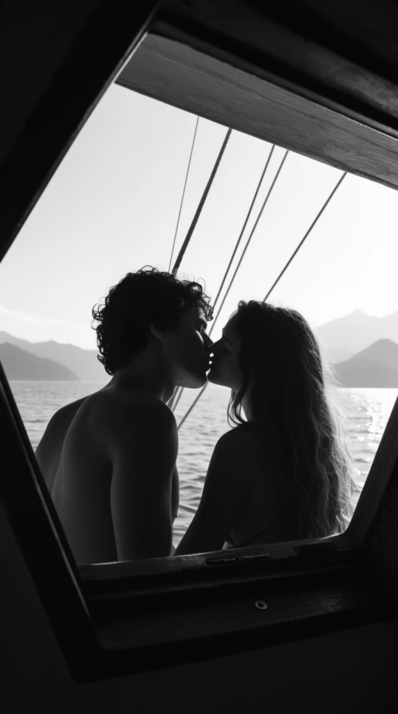 Framed through a dark, angular boat hatch, a high-contrast black and white photograph captures a shirtless man and a long-haired woman leaning in to kiss. Their intimate, silhouetted profiles are set against a luminous seascape with distant mountains and diagonal rigging lines.