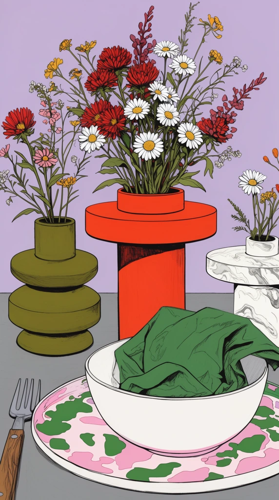 A stylized graphic illustration of a modern table setting featuring colorful wildflowers in geometric pedestal vases. A bright orange-red cylindrical stand holds white daisies and red asters, flanked by a tiered olive-green vase and a white marbled stand. A foreground white bowl containing a crumpled green napkin sits on a plate with abstract pink and green splotches next to a wooden-handled fork. The grey table contrasts with a soft lavender background. Bold black outlines, flat vibrant color fills, and delicate hatching define the distinct pop-art aesthetic.