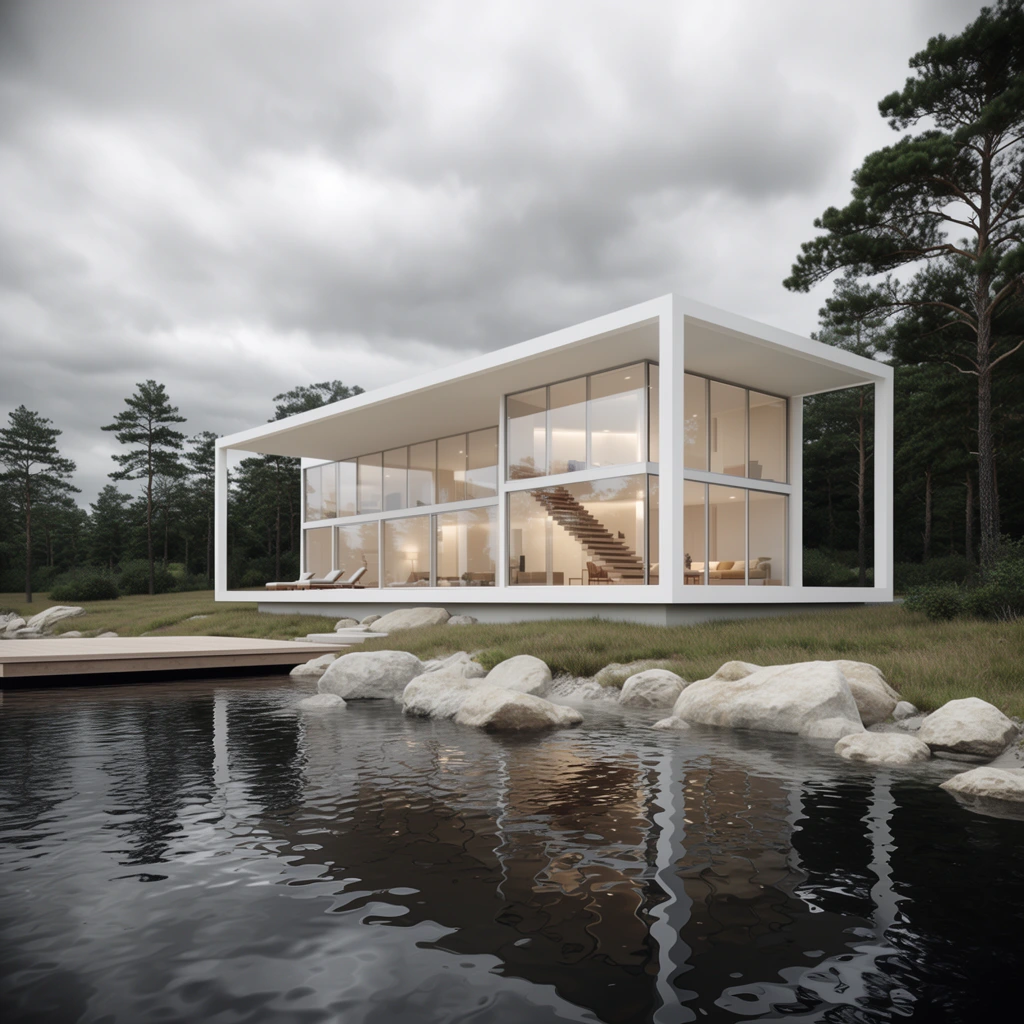 A modern two-story glass house with a stark white rectangular frame sits on a grassy shoreline overlooking dark, rippling water beneath a heavily overcast sky. Expansive floor-to-ceiling windows reveal a warmly lit interior with a wooden staircase and minimalist furniture. The white exoskeleton surrounds a covered terrace holding lounge chairs, while a flat wooden pier extends outward to the left. Large, pale boulders dot the water's edge, transitioning into the dark water that reflects the sharp architecture and grey clouds. Tall pine trees flank the property. Rendered as a photorealistic architectural visualization, the wide-angle perspective highlights the stark contrast between the rigid, bright geometric lines of the building and the organic, muted, moody textures of the surrounding nature.