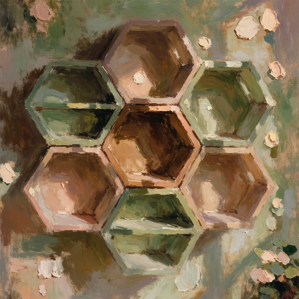 seven hexagonal shelves in a honeycomb cluster on a wall, one central hexagon surrounded by six, the center, top-left, and bottom shelves featuring horizontal dividers while the others are empty, rendered in a loose impressionistic oil painting style, heavy gestural impasto, thick visible brushstrokes, palette of moss green and raw sienna, dappled warm sunlight, soft-focus edges, painterly scumbled textures, thick dabs of creamy white, serene nostalgic atmosphere, earthy tones.