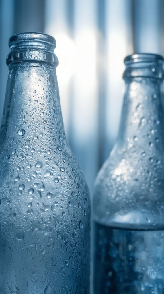 close-up of two glass bottles covered in condensation, macro photography, shallow depth of field, focused on the water droplets clinging to the textured surface of the bottle on the left, right bottle partially filled with water and out of focus, cool blue color palette, bright backlight illuminating the droplets from behind, soft bokeh background with blurred vertical lines, highly detailed water texture, refreshing and cold atmosphere