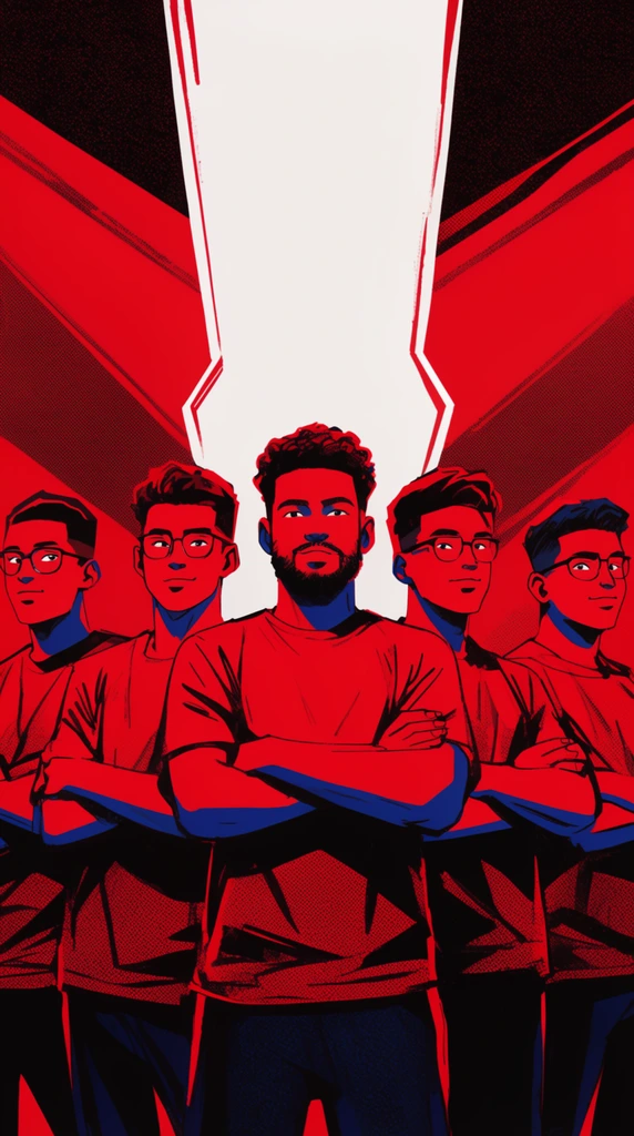 Five young men with crossed arms stand confidently in matching short-sleeved red t-shirts. A bearded central figure is flanked by four bespectacled teammates. The stylized comic illustration utilizes a high-contrast red and black color palette, stark deep blue shadows, heavy halftone dot textures, and angular geometric background shapes featuring a jagged white central banner.