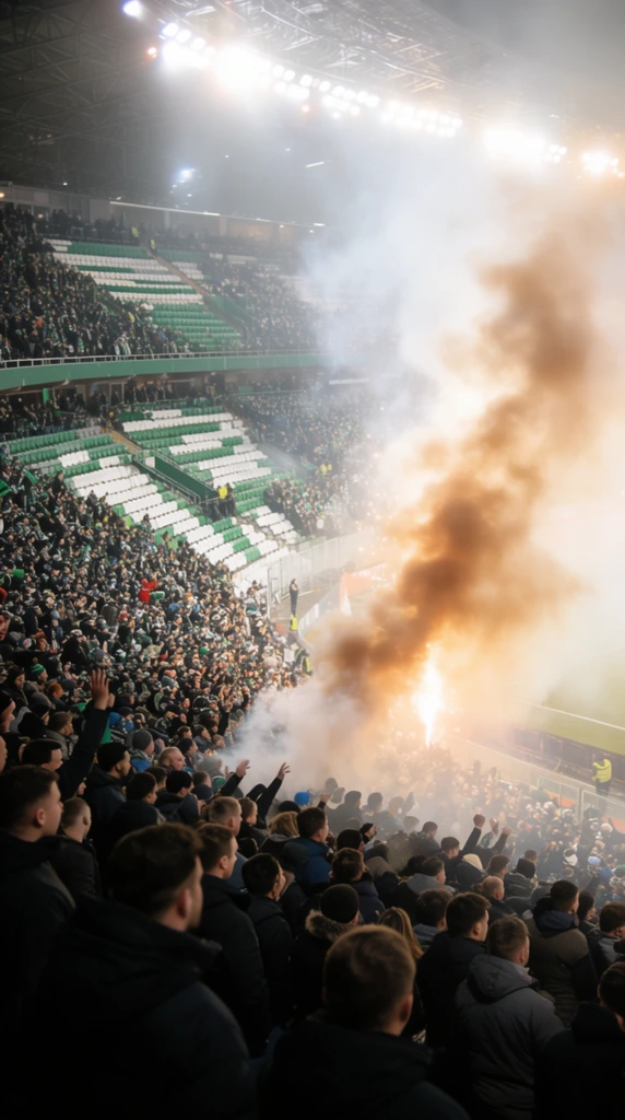 A massive crowd of spectators inside a brightly lit sports stadium is partially obscured by a thick, glowing plume of warm brown and white smoke rising from the lower stands. Thousands of fans pack the curved, tiered seating sections, featuring alternating bands of green and white seats. In the foreground, numerous individuals wearing dark winter jackets are visible from behind, looking toward the distant field with some raising their hands in the air. On the right side, a dense, turbulent column of pyrotechnic smoke billows upward, catching the intense glare of overhead stadium floodlights. The hazy atmosphere diffuses the bright illumination across the vast arena, creating a dramatic scene characterized by high contrast and dense atmospheric depth.