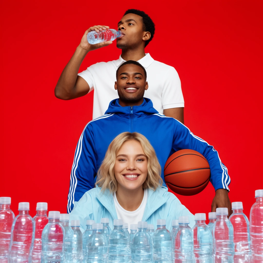 three models layered vertically against solid red background, bottom blonde woman in light blue jacket smiling behind arc of clear water bottles, middle man in blue tracksuit holding basketball, top man in white polo drinking water, bright commercial studio lighting