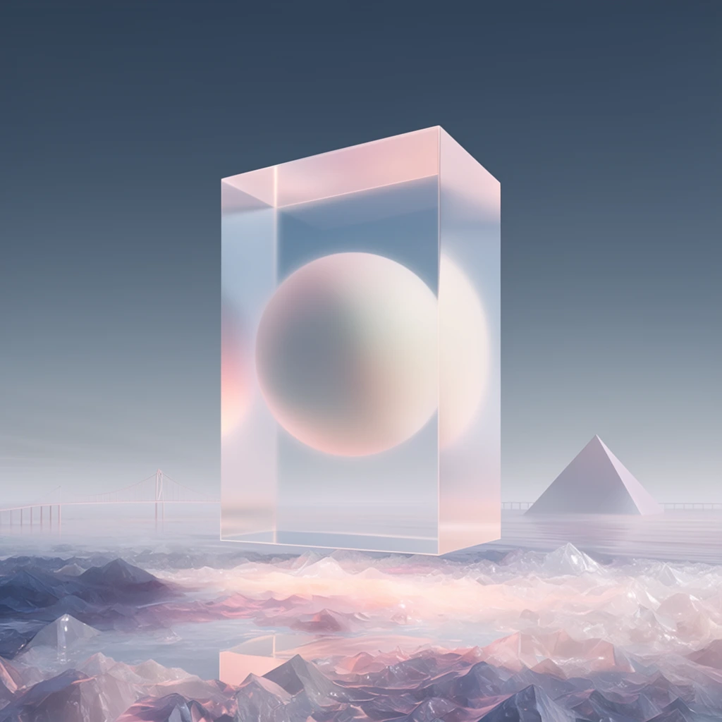 massive translucent floating rectangular prism containing a soft sphere, surreal minimalist sci-fi landscape, jagged crystalline ground reflecting pale pink and lavender light, delicate bridge and pyramid on a misty horizon, slate blue sky, smooth 3D render