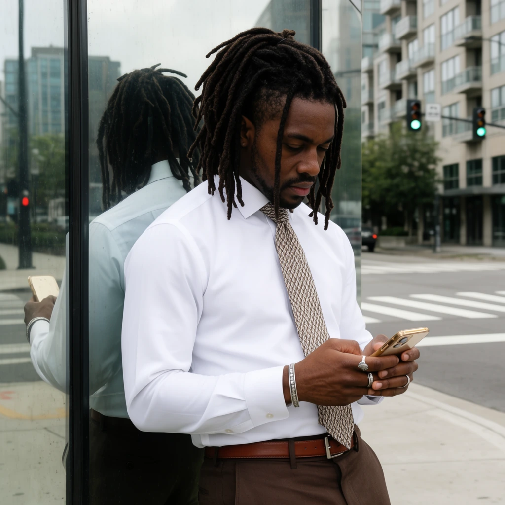 A Black man with long thick dreadlocks wearing a crisp white dress shirt and patterned tie leans against a mirrored glass structure looking down at a gold smartphone. His back reflects clearly in the dark-framed glass behind him. He wears brown trousers, a brown leather belt, a silver bracelet, and rings, holding the device with both hands. The background reveals an urban street intersection with a marked crosswalk, traffic lights, and modern multi-story buildings under soft overcast daylight. The medium-shot composition frames the subject from the waist up.