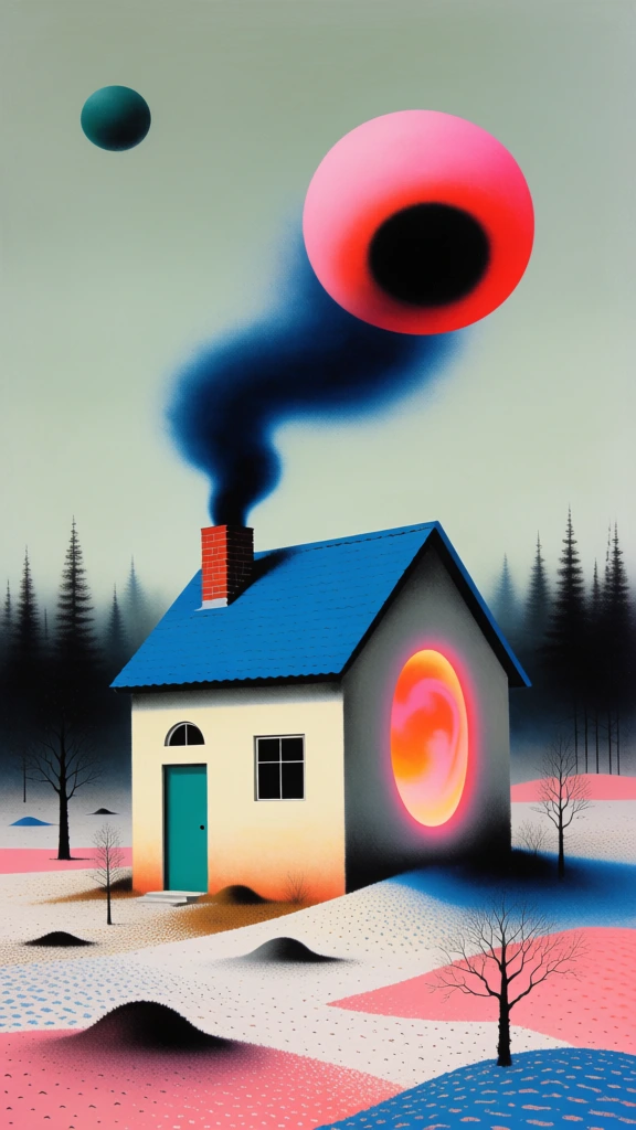 A surreal digital painting depicts a small, cream-colored cottage with a blue gabled roof situated in a stylized, barren landscape under a pale greenish-gray sky. The house features a teal door on its left side and two windows on its front: one small semi-circular window and a larger square window. A glowing orange and pink oval portal is embedded into the right side of the house. From a red brick chimney, a thick, dark-blue smoky trail curves upward toward a massive, glowing pink sphere that has a solid black circular center, positioned in the upper right. In the upper left corner, a smaller dark-teal circular orb hangs in the sky. The ground is composed of textured white, pink, and blue patches, dotted with small dark mounds and a few spindly, leafless trees. Behind the cottage, a dense, dark silhouette of a pine forest stretches across the horizon, its peaks fading into the hazy sky. The artistic style is characterized by smooth airbrushed gradients and a fine stippled texture throughout, creating a dreamlike and ethereal atmosphere with a flat yet depth-filled perspective.
