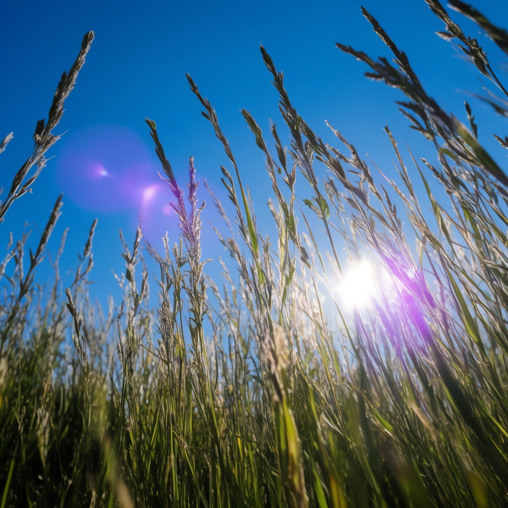 low angle view of tall wild grass stalks, clear vibrant blue sky, bright sun glowing through right-side stems, purple lens flares, backlit nature photography